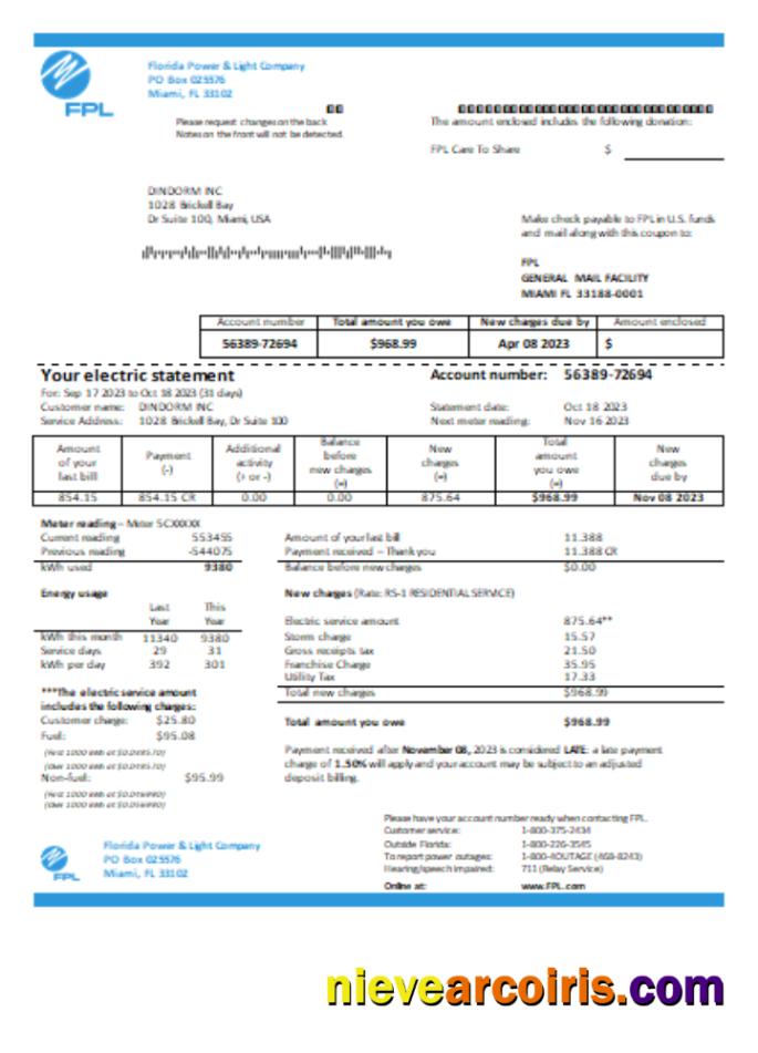 Florida Power & Light Company (FPL) electricity utility business bill